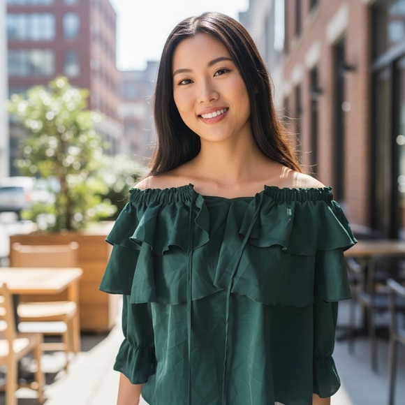 Women’s Byinn Green Off Shoulder Ruffle Blouse Size Medium – Romantic Flowy Top - Picture 1 of 8